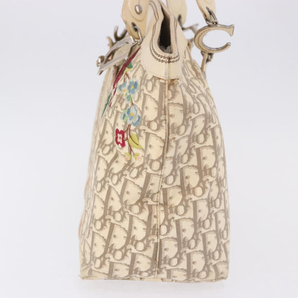 Christian Dior Trotter Canvas Floral Hand Bag Ivory Silver Auth am12468