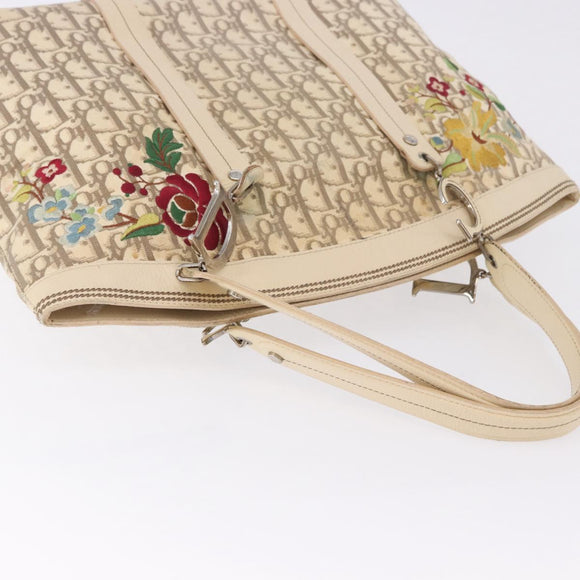 Christian Dior Trotter Canvas Floral Hand Bag Ivory Silver Auth am12468