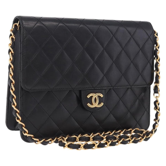 CHANEL Matelasse Push Lock Shoulder Bag Lamb Skin Black Gold CC Auth am12544M