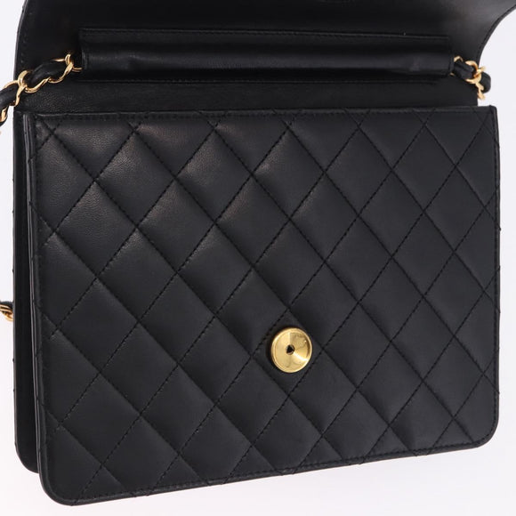 CHANEL Matelasse Push Lock Shoulder Bag Lamb Skin Black Gold CC Auth am12544M