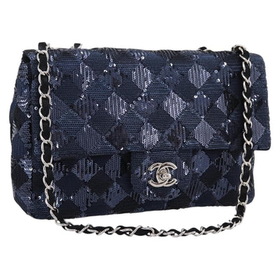 CHANEL Matelasse Double Flap Chain Bag Sequin Navy Silver CC Auth am12561SM