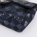 CHANEL Matelasse Double Flap Chain Bag Sequin Navy Silver CC Auth am12561SM-10