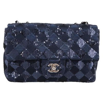 CHANEL Matelasse Double Flap Chain Bag Sequin Navy Silver CC Auth am12561SM - 0