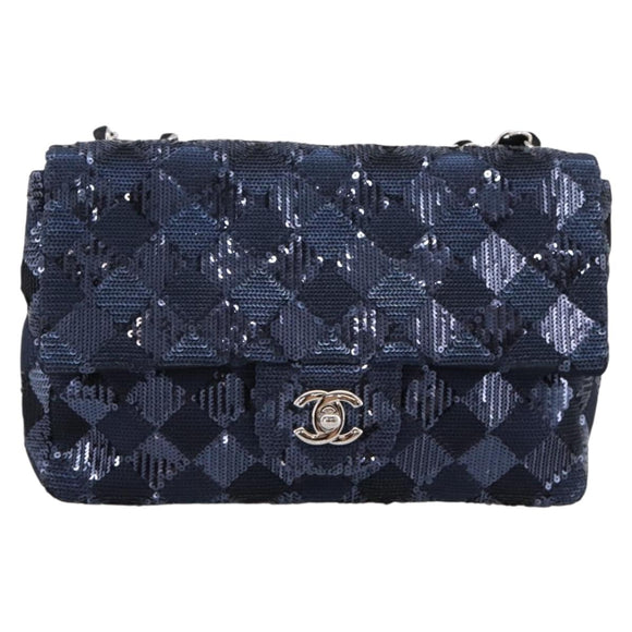 CHANEL Matelasse Double Flap Chain Bag Sequin Navy Silver CC Auth am12561SM