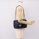 CHANEL Matelasse Double Flap Chain Bag Sequin Navy Silver CC Auth am12561SM-22