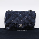CHANEL Matelasse Double Flap Chain Bag Sequin Navy Silver CC Auth am12561SM-23