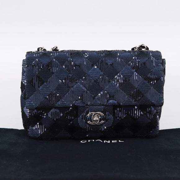 CHANEL Matelasse Double Flap Chain Bag Sequin Navy Silver CC Auth am12561SM
