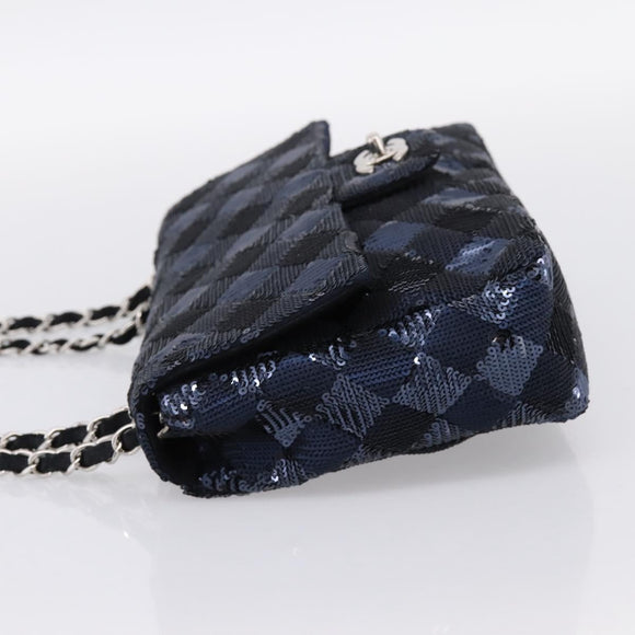 CHANEL Matelasse Double Flap Chain Bag Sequin Navy Silver CC Auth am12561SM