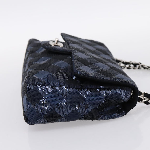 CHANEL Matelasse Double Flap Chain Bag Sequin Navy Silver CC Auth am12561SM