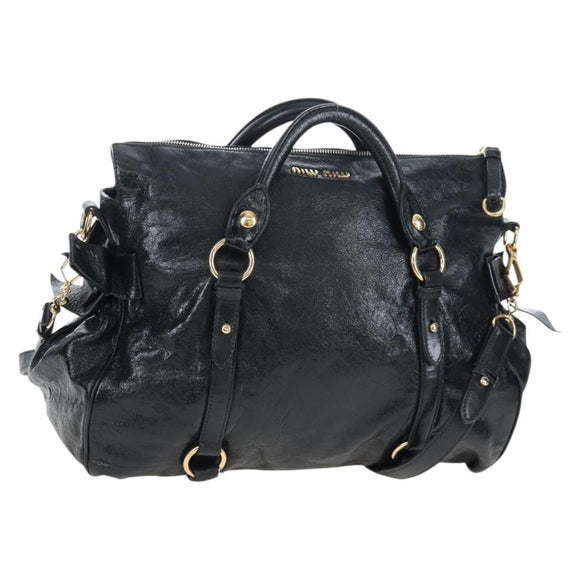 Miu Miu Side Ribbon Hand Bag Leather 2way Black Gold Auth am12564V