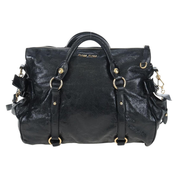 Miu Miu Side Ribbon Hand Bag Leather 2way Black Gold Auth am12564V