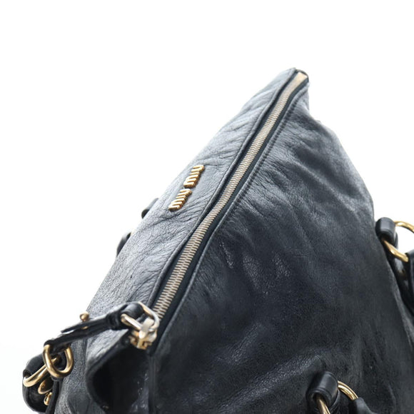 Miu Miu Side Ribbon Hand Bag Leather 2way Black Gold Auth am12564V
