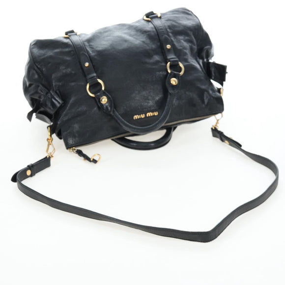 Miu Miu Side Ribbon Hand Bag Leather 2way Black Gold Auth am12564V