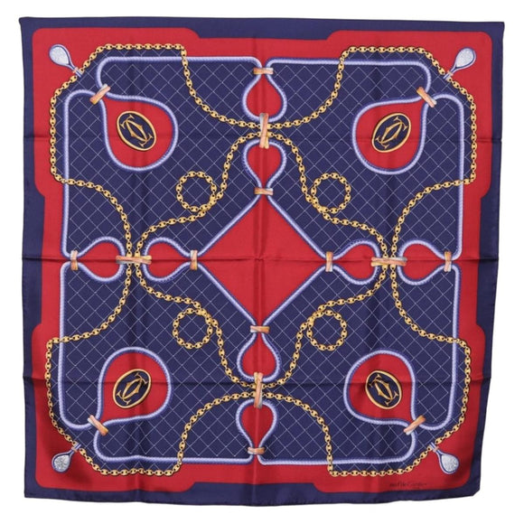 CARTIER Scarf Silk Navy Red Auth am12567M