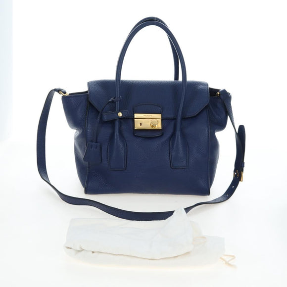 PRADA Ready lock Hand Bag Taurillon Clemence Leather 2way Blue Auth am12570V