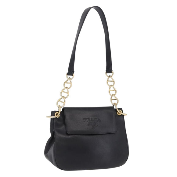 PRADA Chain Shoulder Bag Leather Black Gold Auth am12576V