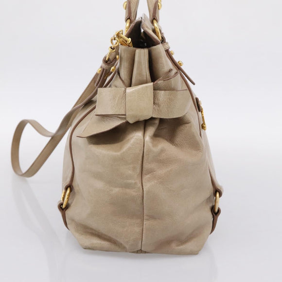 Miu Miu Side Ribbon Hand Bag Leather 2way Beige Gold RN0939 Auth am12577V