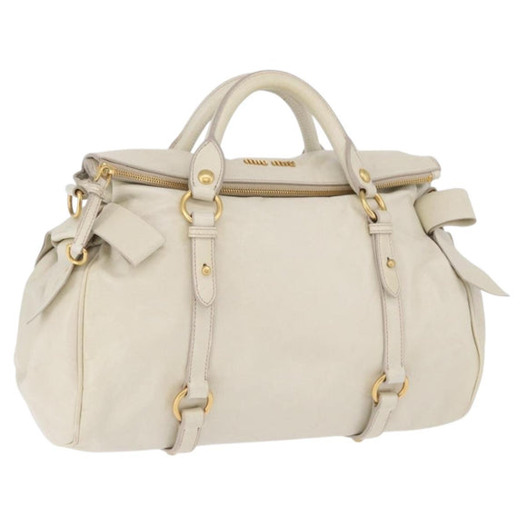 Miu Miu Side Ribbon Hand Bag Leather 2way White Gold Auth am12582V
