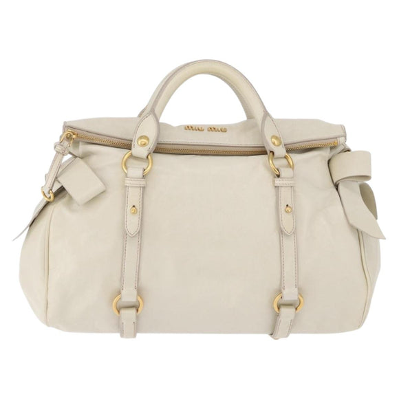 Miu Miu Side Ribbon Hand Bag Leather 2way White Gold Auth am12582V