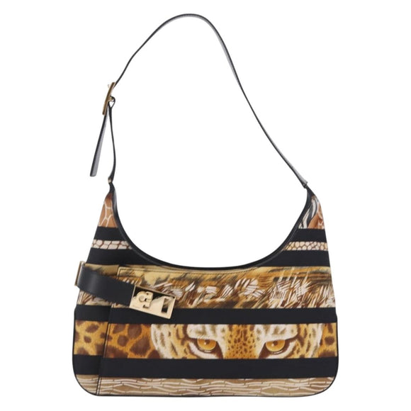 Salvatore Ferragamo Leopard Hand Bag Nylon Leather Beige Gold Auth am12601V