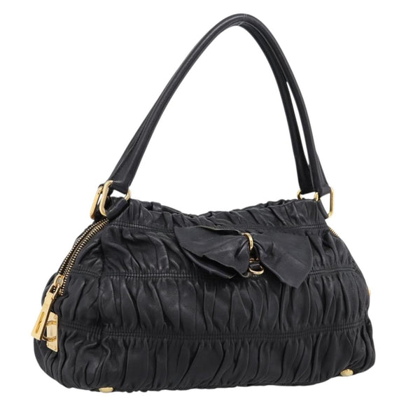 PRADA Hand Bag Leather Black Gold Auth am12603SAM