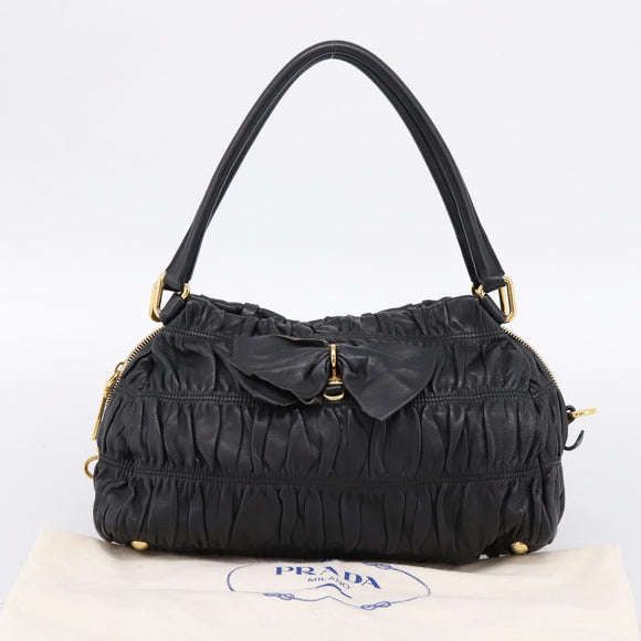 PRADA Hand Bag Leather Black Gold Auth am12603SAM