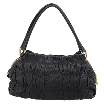 PRADA Hand Bag Leather Black Gold Auth am12603SAM - 0