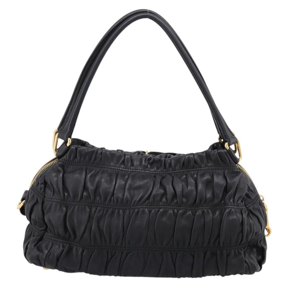 PRADA Hand Bag Leather Black Gold Auth am12603SAM