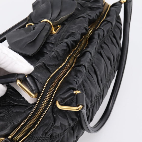 PRADA Hand Bag Leather Black Gold Auth am12603SAM