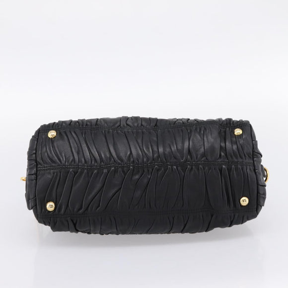 PRADA Hand Bag Leather Black Gold Auth am12603SAM