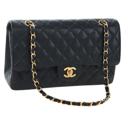 CHANEL Double Flap Chain Matelasse Bag Caviar Skin Black Gold CC Auth am12621SM