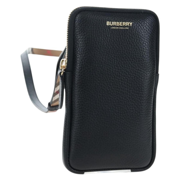 BURBERRY Shoulder Pouch Leather Black Gold Auth am12646V