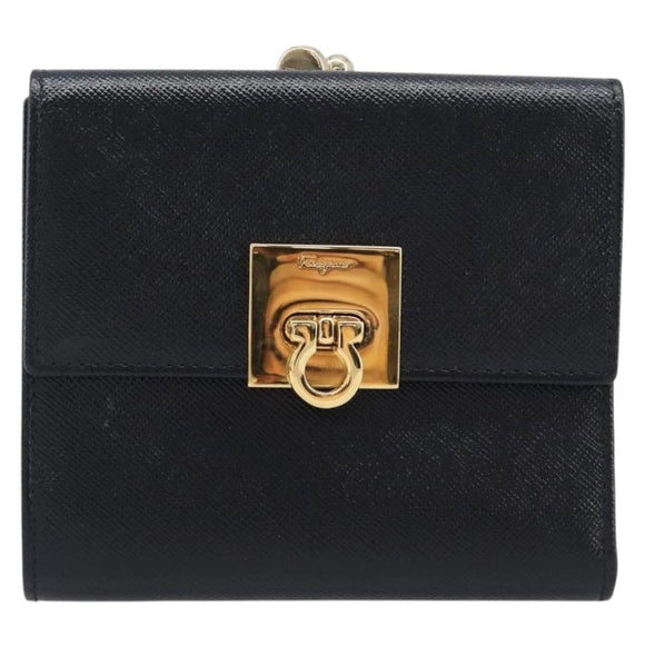 Salvatore Ferragamo Gancini Gamaguchi Compact Wallet Leather Black Auth am12650V