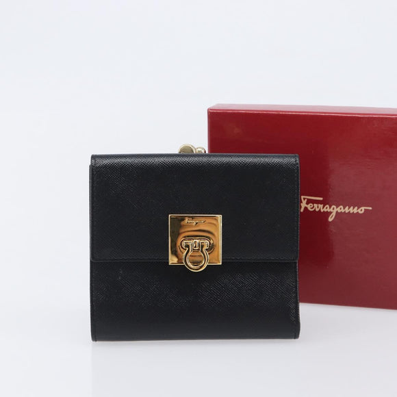 Salvatore Ferragamo Gancini Gamaguchi Compact Wallet Leather Black Auth am12650V