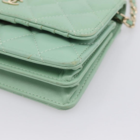 CHANEL Matelasse Chain Shoulder Wallet Lamb Skin Green Gold CC Auth am12655SAM