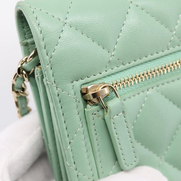 CHANEL Matelasse Chain Shoulder Wallet Lamb Skin Green Gold CC Auth am12655SAM