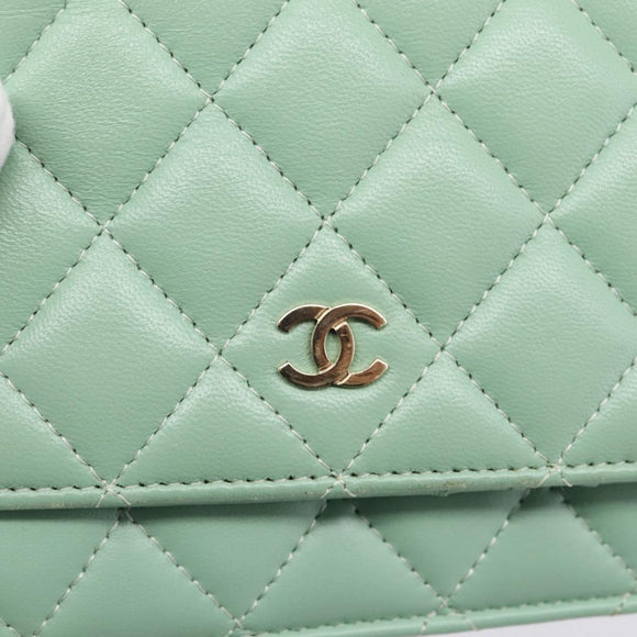 CHANEL Matelasse Chain Shoulder Wallet Lamb Skin Green Gold CC Auth am12655SAM
