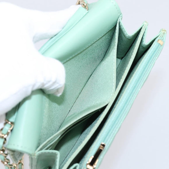 CHANEL Matelasse Chain Shoulder Wallet Lamb Skin Green Gold CC Auth am12655SAM