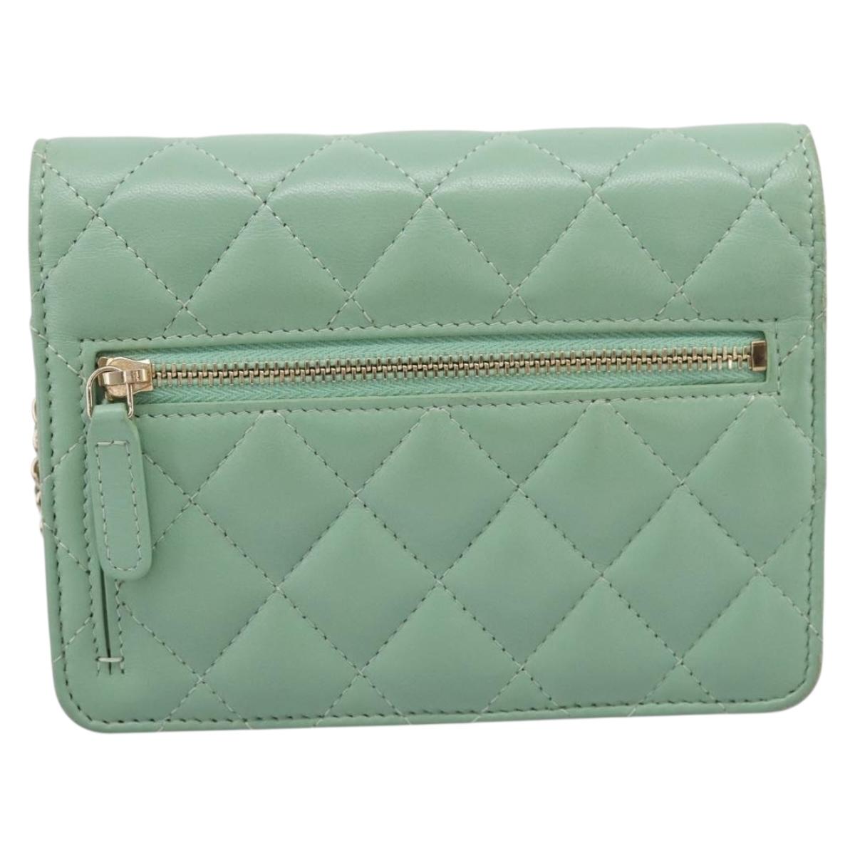 CHANEL Matelasse Chain Shoulder Wallet Lamb Skin Green Gold CC