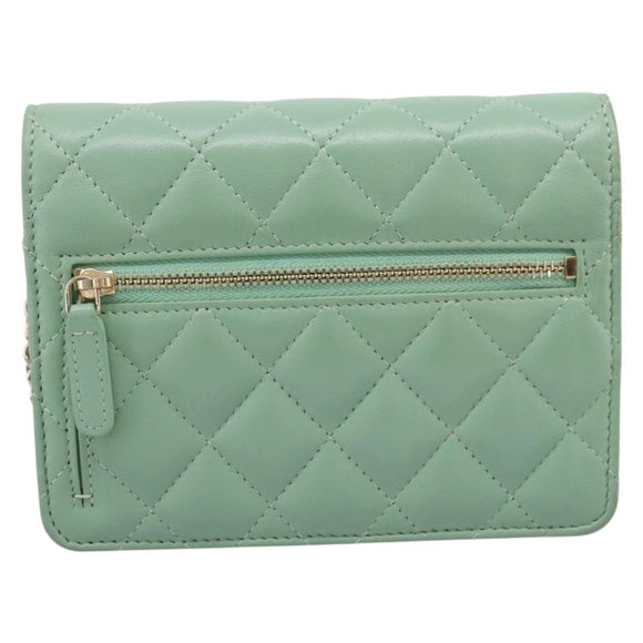 CHANEL Matelasse Chain Shoulder Wallet Lamb Skin Green Gold CC Auth am12655SAM