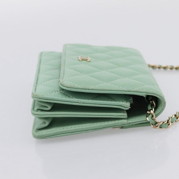 CHANEL Matelasse Chain Shoulder Wallet Lamb Skin Green Gold CC Auth am12655SAM