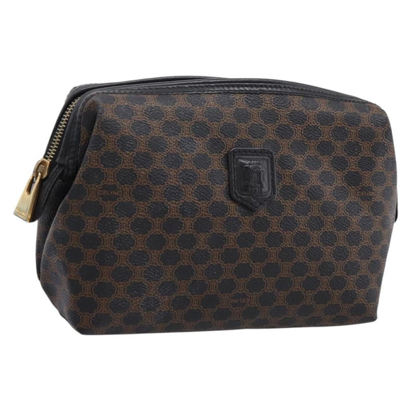 CELINE Macadam Canvas Pouch PVC Leather Black Gold Tone Auth am12663V