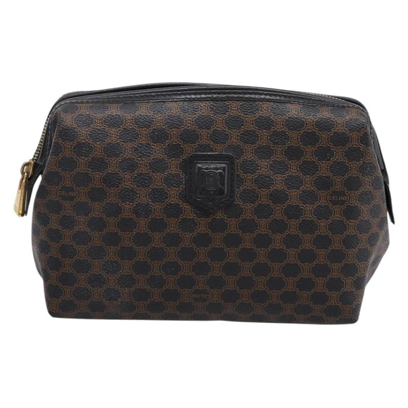 CELINE Macadam Canvas Pouch PVC Leather Black Gold Tone Auth am12663V