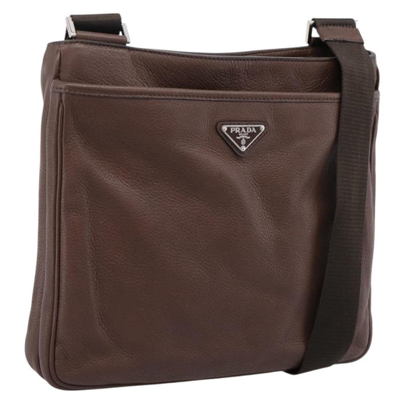 PRADA Shoulder Bag Taurillon Leather Brown Silver Auth am12669V