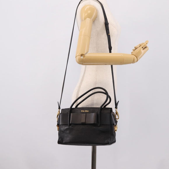 Miu Miu Front Ribbon Hand Bag Leather 2way Black Gold Auth am12684V
