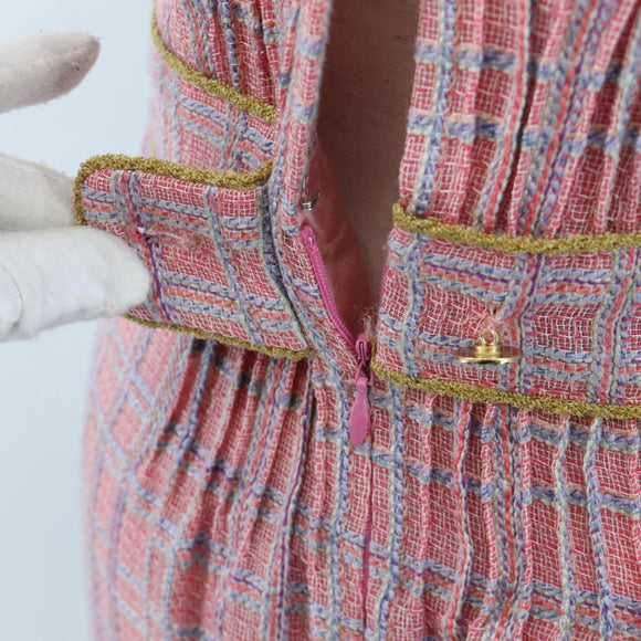 CHANEL No Sleeve Dress Tweed 36 Pink Gold CC Auth am12696M