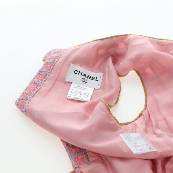 CHANEL No Sleeve Dress Tweed 36 Pink Gold CC Auth am12696M