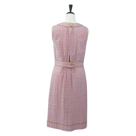 CHANEL No Sleeve Dress Tweed 36 Pink Gold CC Auth am12696M