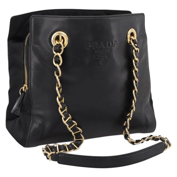 PRADA Chain Tote Bag Leather Nylon Black Gold Auth am12698V