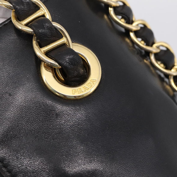 PRADA Chain Tote Bag Leather Nylon Black Gold Auth am12698V